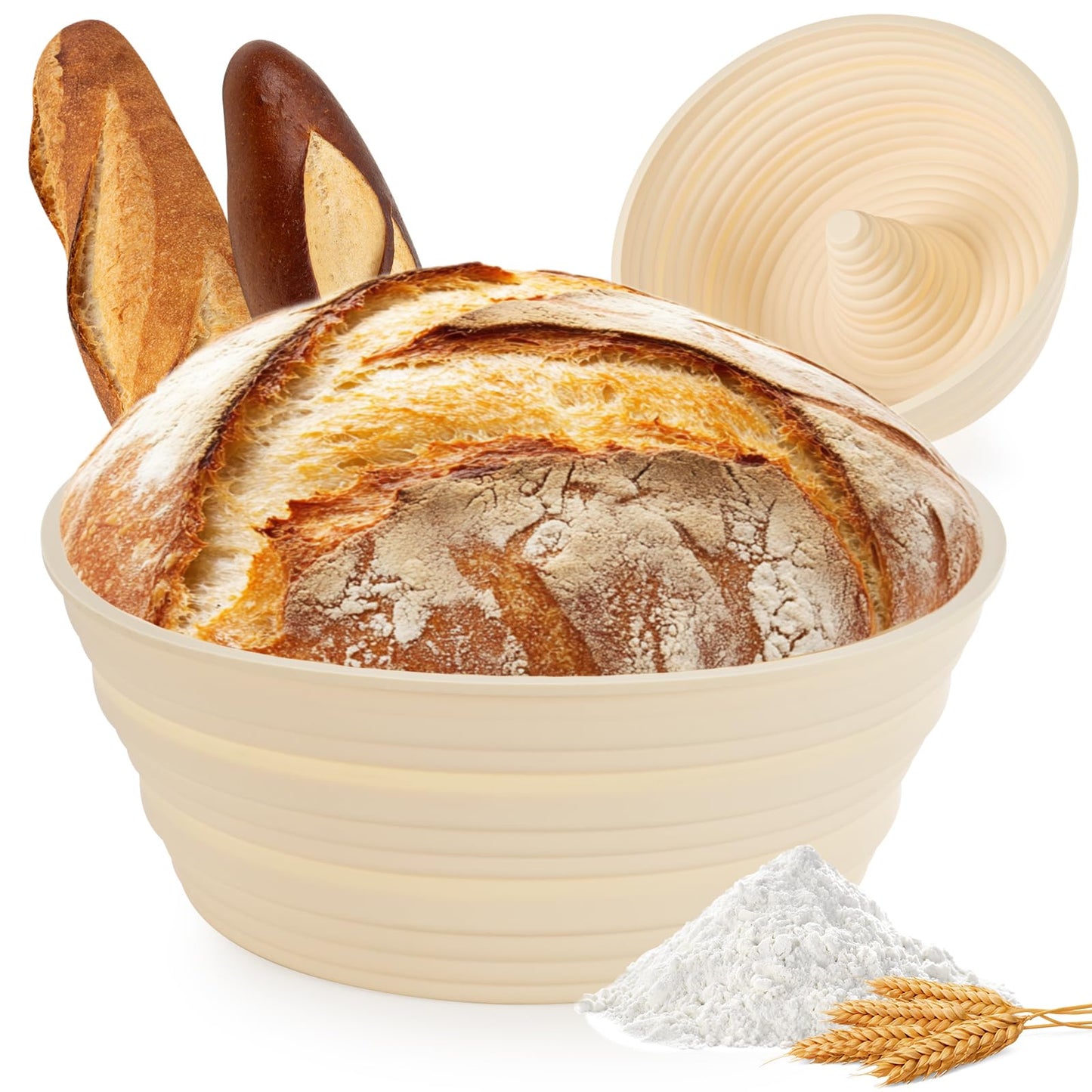 Silicone Bread Proofing Baskets, Collapsible Sourdough Baskets with Central Column, Non-Stick Round Dough Bowl, Oven & Dishwasher Safe (Beige, 9.2"L x 3.6"H)
