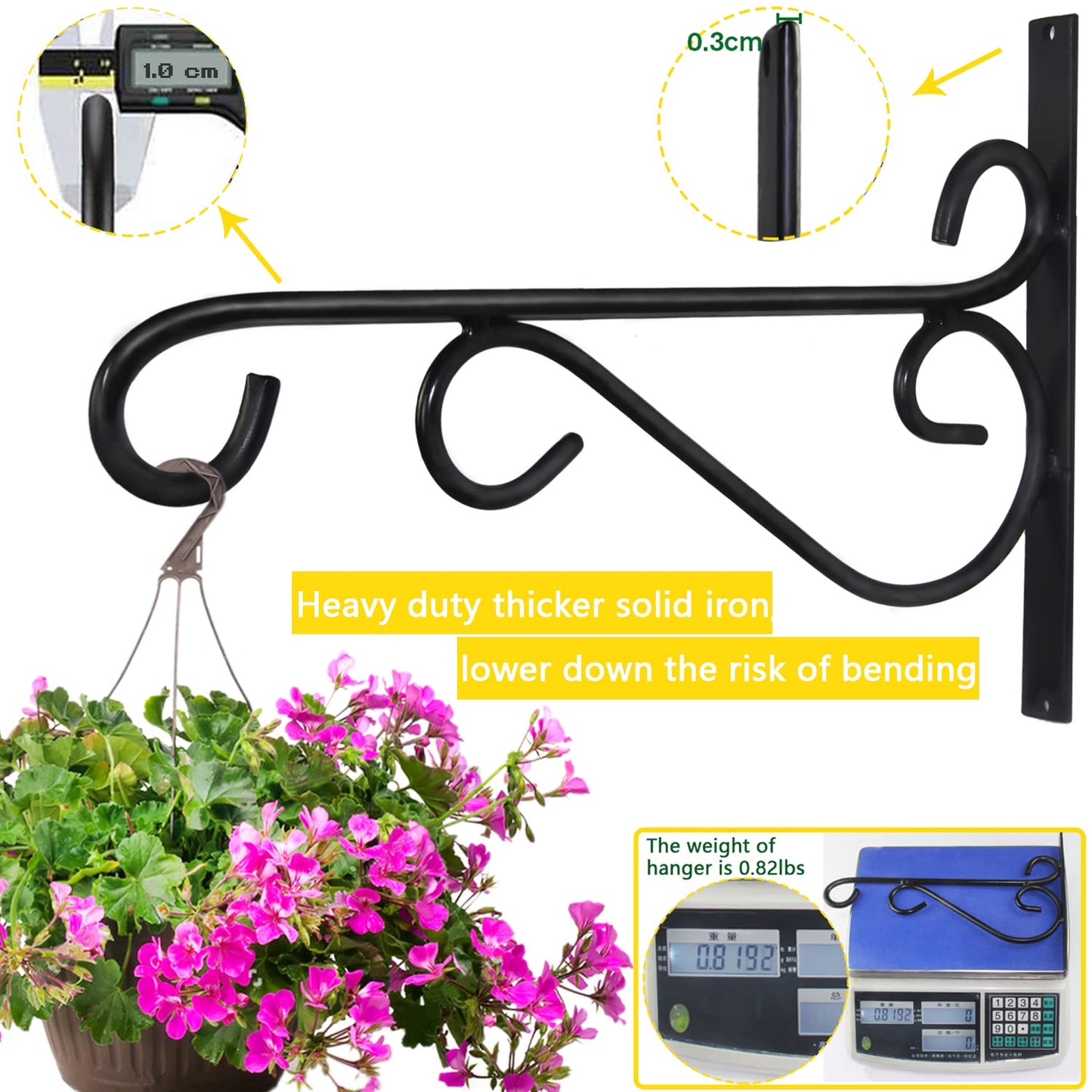 12 Inch Hanging Plant Bracket, Thick Solid Steel Wall Mount Bracket for Heavy Duty Decorations, Rust-Resistant Plant Hanger Hook for Planters, Wreaths, Fruit baskets, Wind Spinners, Lights, Lanterns