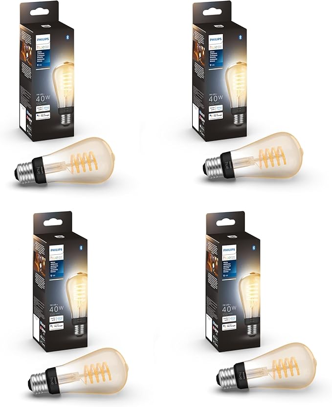 Philips Hue Smart 40W ST19 Filament LED Bulb - White Ambiance Warm-to-Cool White Light - 4 Pack - 550LM - E26 - Indoor - Control with Hue App - Works with Alexa, Google Assistant and Apple Homekit