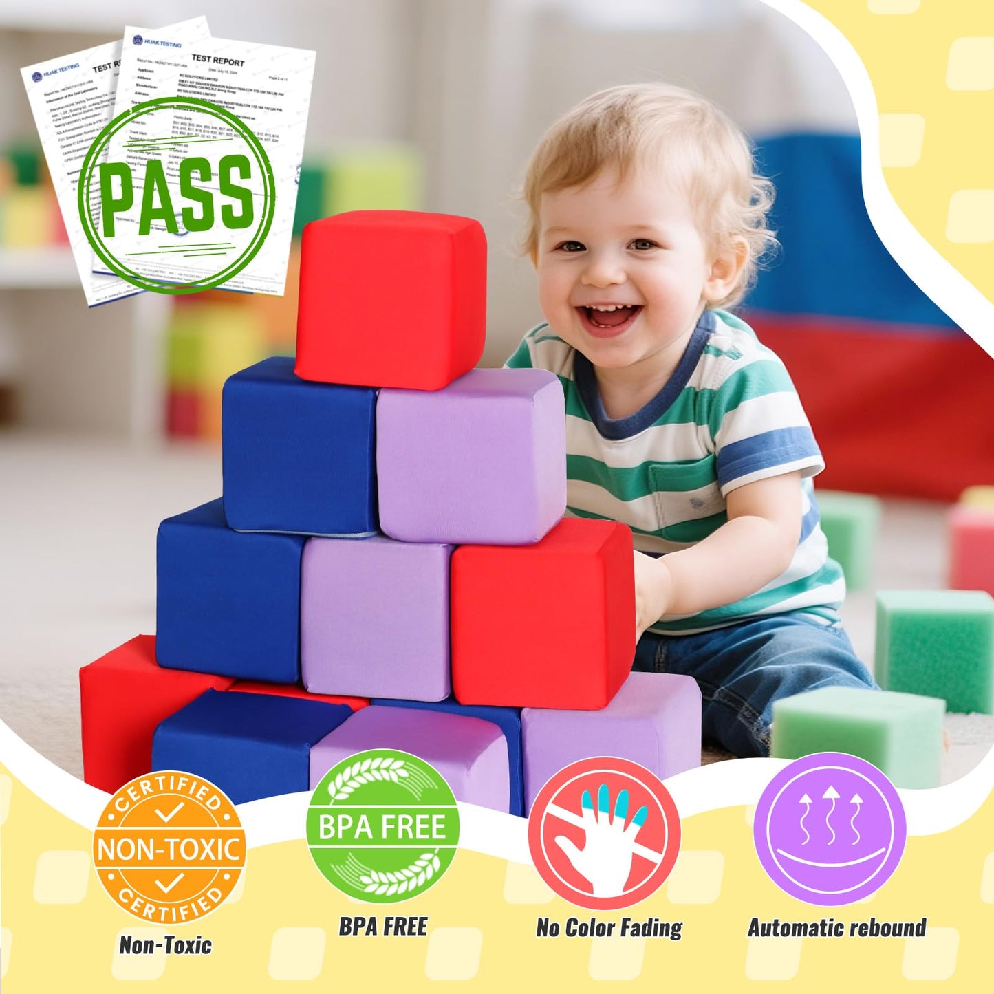 COZYTRAUM 12-Pack 5 Inch Foam Cubes, Soft Play Pit Fillers for Indoor Games, Trampoline & Rock Climbing Mats - 3 Colors (Blue/Red/Purple)...