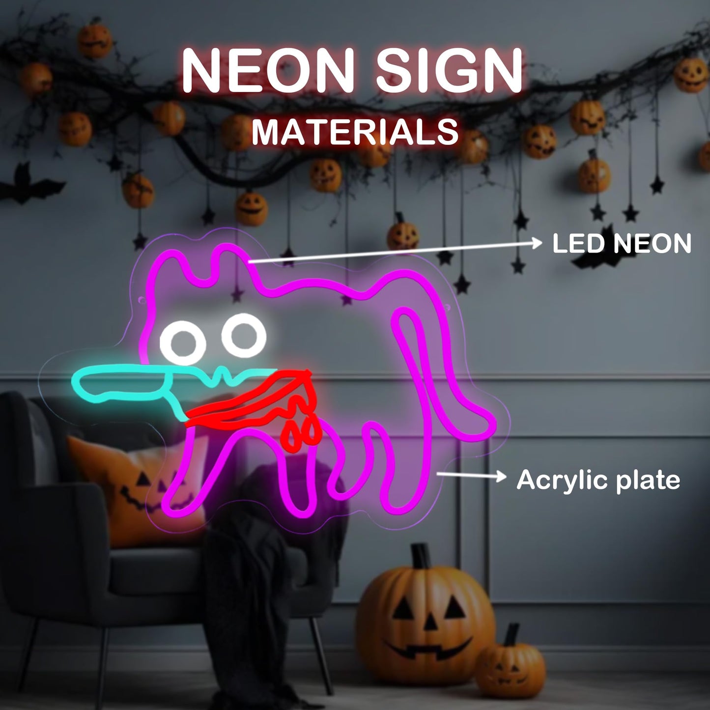 Cat Knife Neon Sign Anime Light Up Sign– Spooky LED Wall Light for Scary Party Decor, Creepy Cat Aesthetic Light for Bedroom, Game Room, or Gift – 15.6 x 10 inches