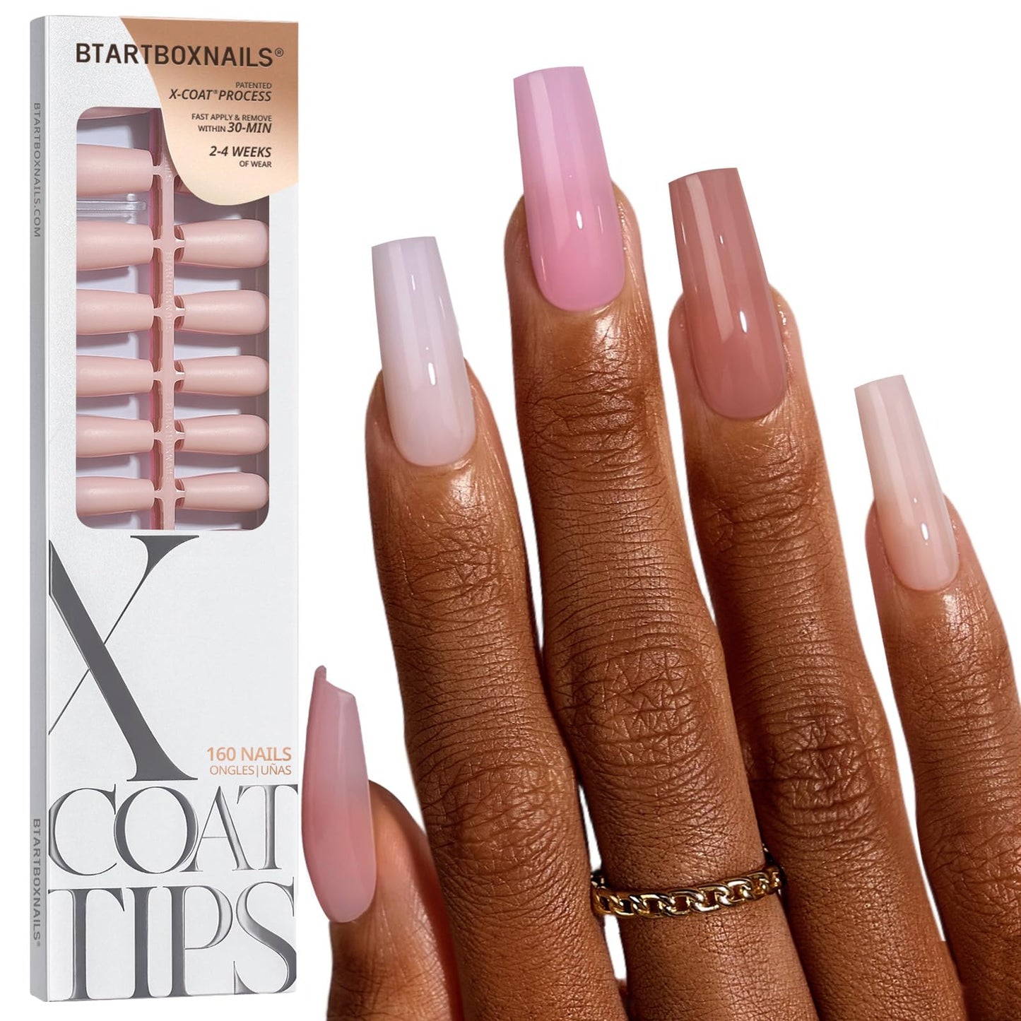 BTArtboxnails XCOATTIPS Bare 5-Shades Nude Press on Nails - 4-Week Wear Medium Coffin Press on Nails, Easy to Apply, Soak Off, Salon Quality Value at Home, 16 Sizes - 160 Fake Nails