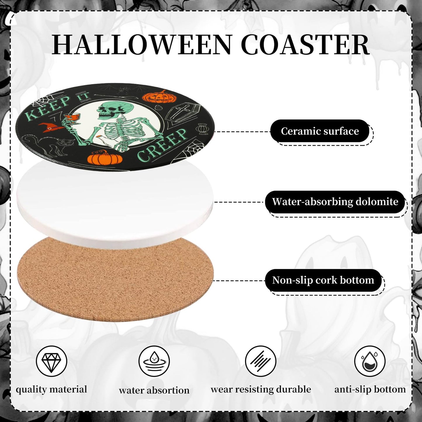 JarThenaAMCS 4Pcs Halloween Coaster with Holder Pumpkin Ghost Black Cat Skeleton Anti Slip Drink Coasters Black Orange Green Absorbent Ceramic Coasters for Home Decor Table Protection