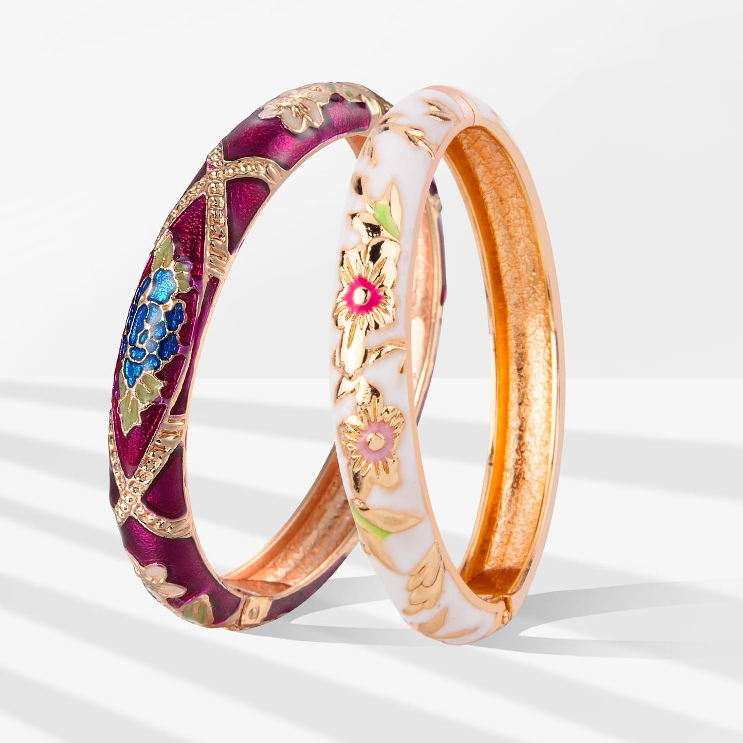 UJOY Bangles Bracelets Gorgeous Enameled Flower Cloisonne Plated Indian Jewelry Sets Box for Womens Gift 55A103-55A128 White Purple