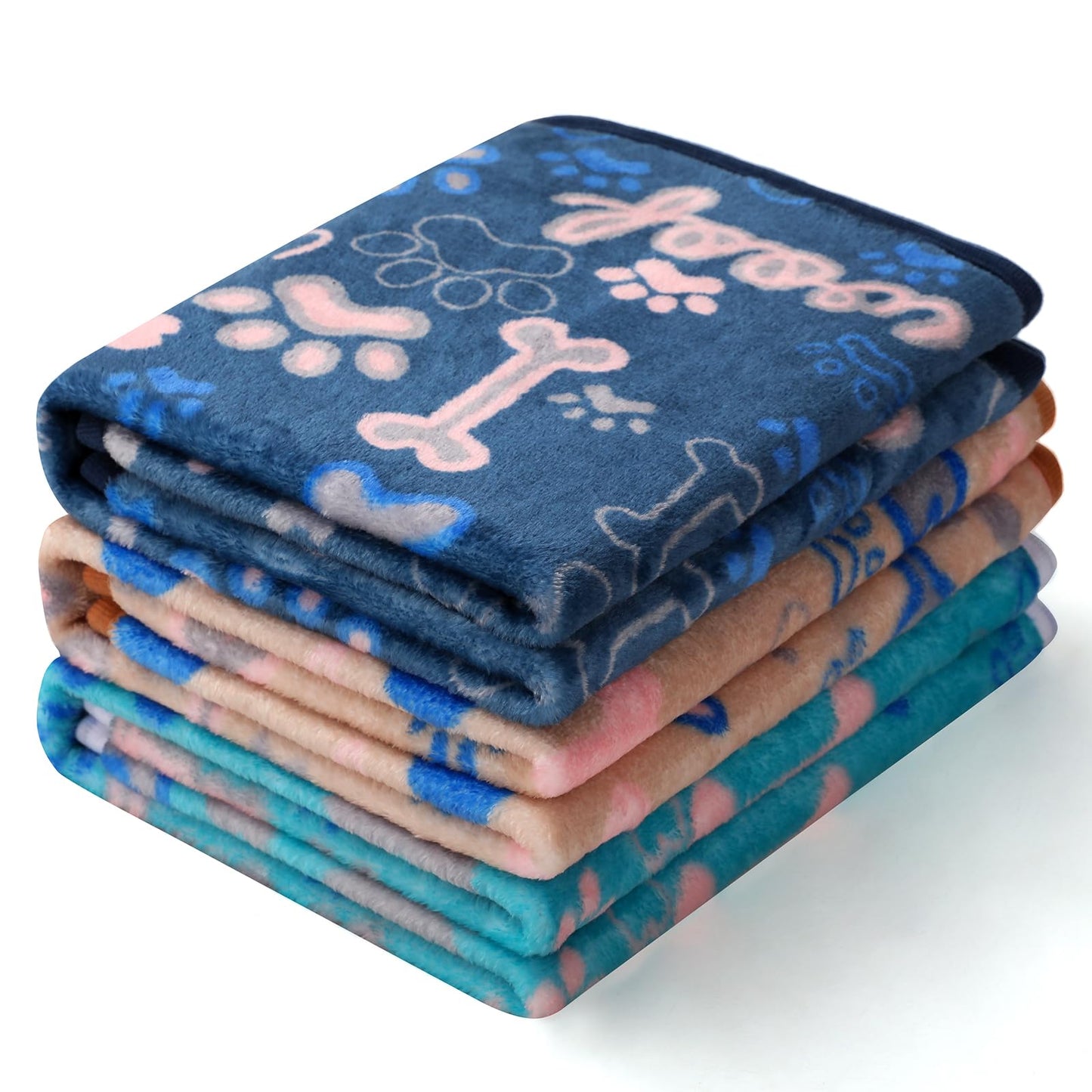 Luciphia 1 Pack 3 Blankets Fluffy Premium Fleece Pet Blanket Flannel Paw Bone Printed Throw for Dog Cat(Medium 30"x20", Khaki/Blue/Navy)
