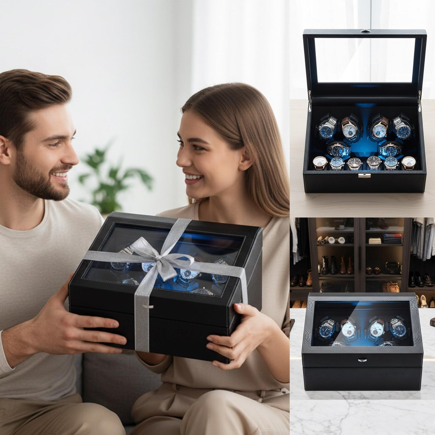 Mcbazel Watch Winder for Automatic Watches, 6 Watch Winder + 6 Storage Case, Watches Winder Box with Super Quiet Motor, Blue LED Light, Memory Foam Pillows, Gift for Men & Women - Black