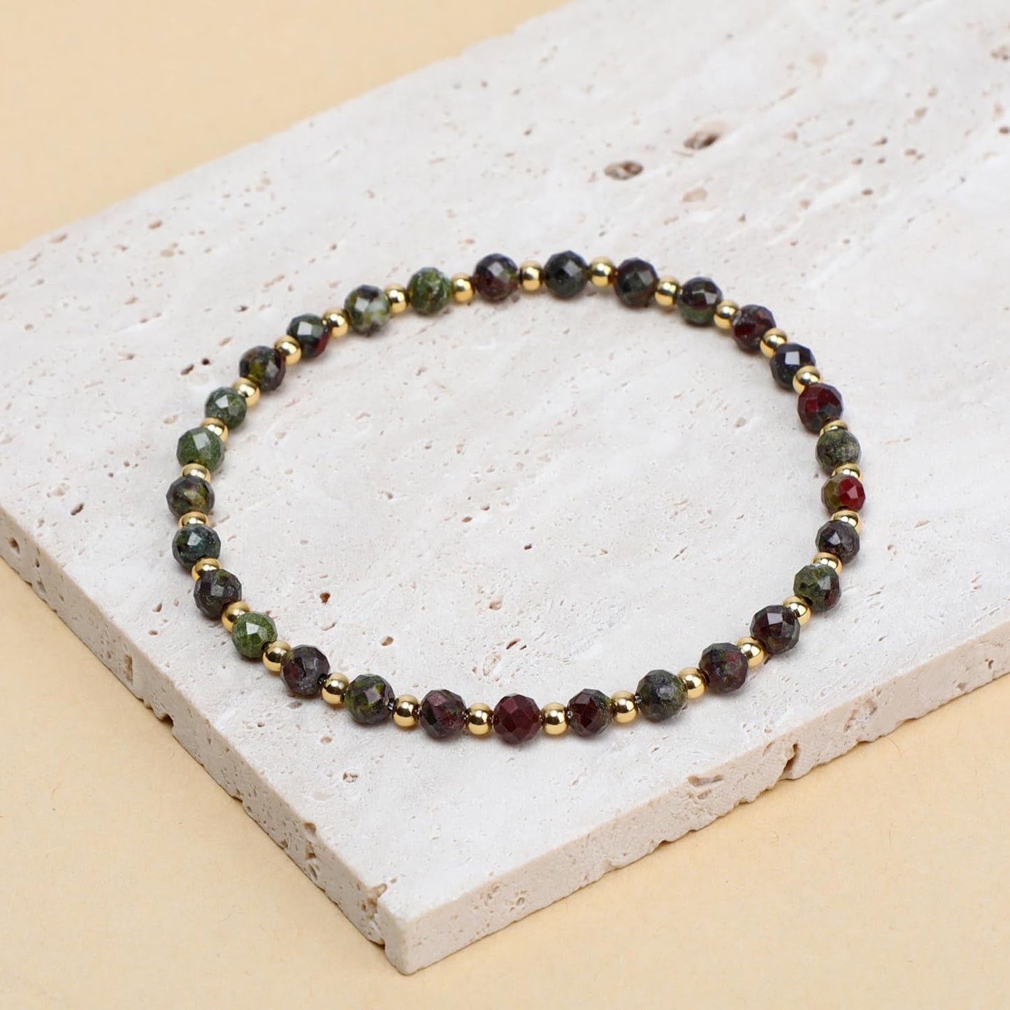 QOGIR Dragon Bloodstone - Strength and Courage - 14K Gold Plated Beads Natural Gemstone Stretch Elastic Dainty Healing Beaded Bracelets Gifts 4mm