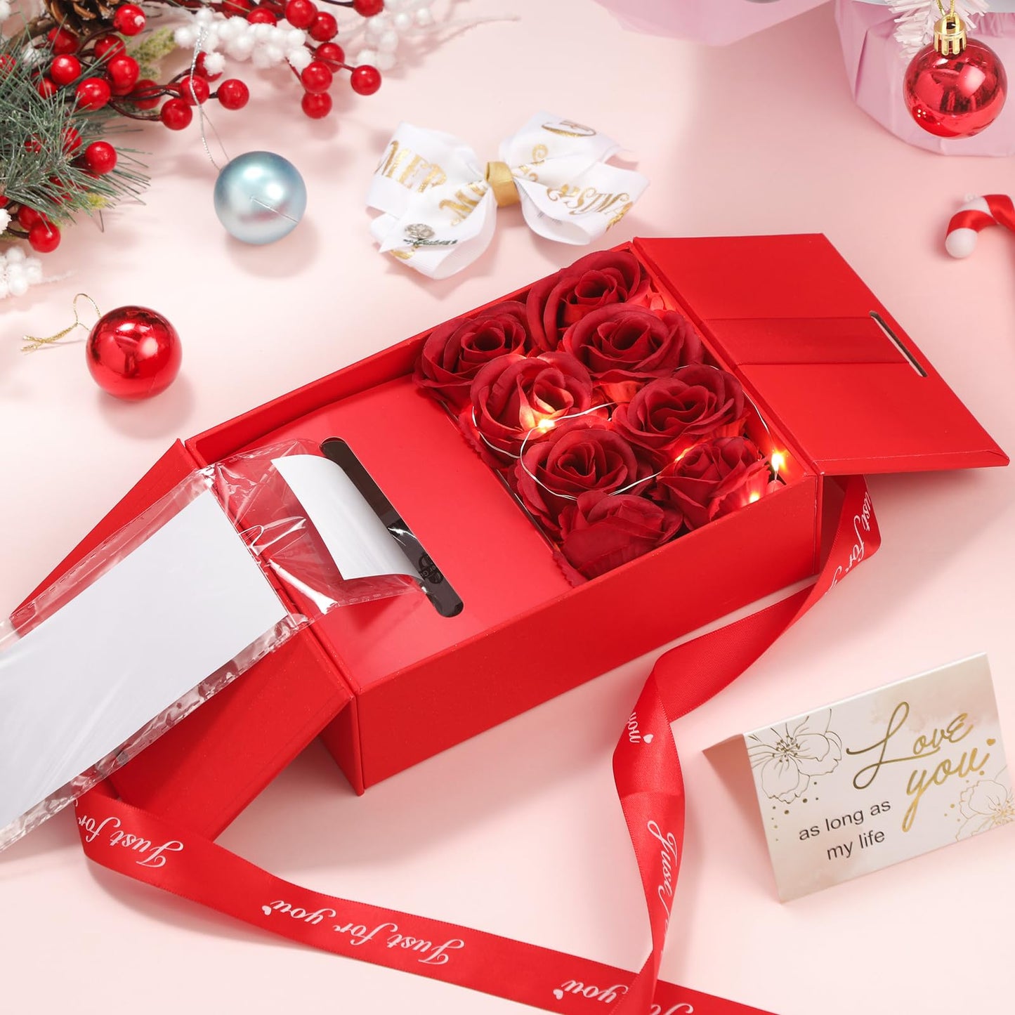 Resholder Money Pull Box for Cash Gift Birthday Money Pull out Gifts with 8 Rose 2 Greeting Card 1 Light String for Mom Husband Wife Anniversary Christmas(Red)