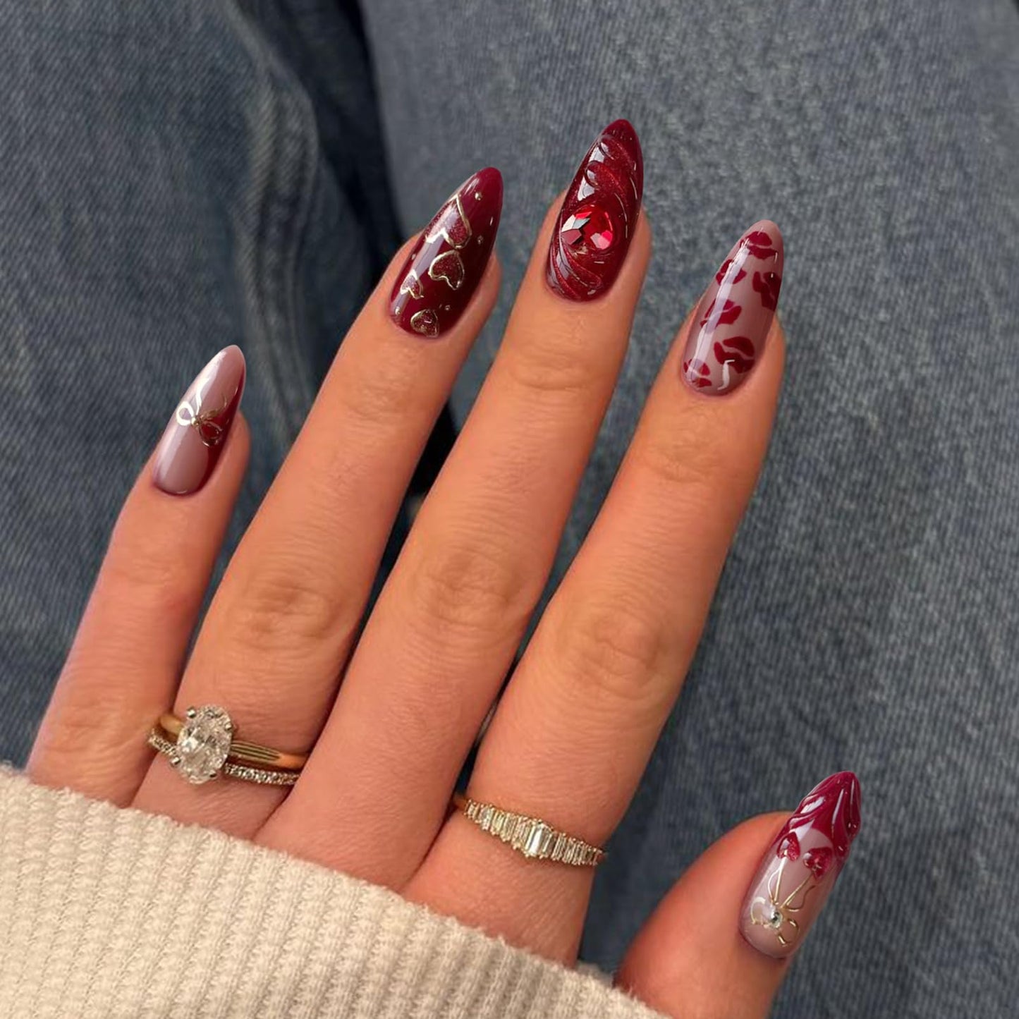 VOTACOS Cat Eye Red Press on Nails Almond Medium Y2K French Tip Acrylic Fake Nails Press Ons with Designs 3D Cherry Heart Bow Glue on Nail for Women 24PCS Reusable Artificial Stick on False Nail