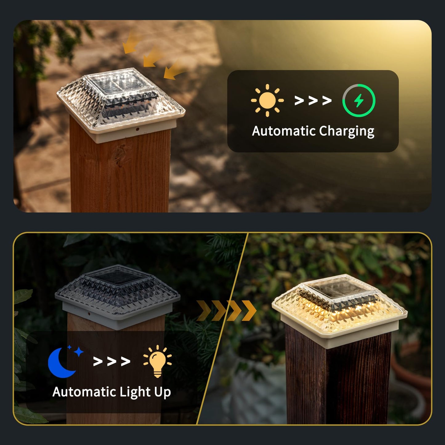 OPOIRA Glass Solar Post Cap Lights with Crystal Style - Decorative Deck Fence Lights for 4x4 5x5 Posts Hidden Solar Panel, Modular Design, 10Hr Runtime, IP65, Warm White, White, 2 Pack
