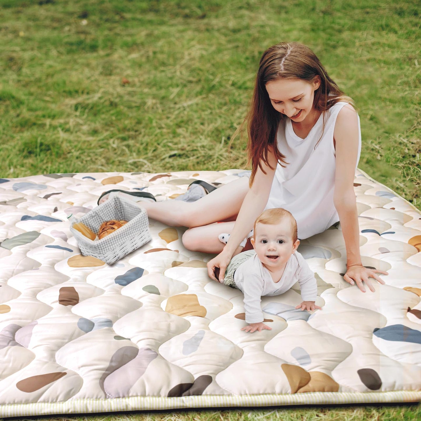 Beavtaens Baby Play Mat, 50x50 Playpen Mat with Super Soft Touch, Activity Playmat with Upgraded Anti-Slip Bottom, Machine Washable Crawling Mat for Floor & Picnic(Boho Color Blocks)