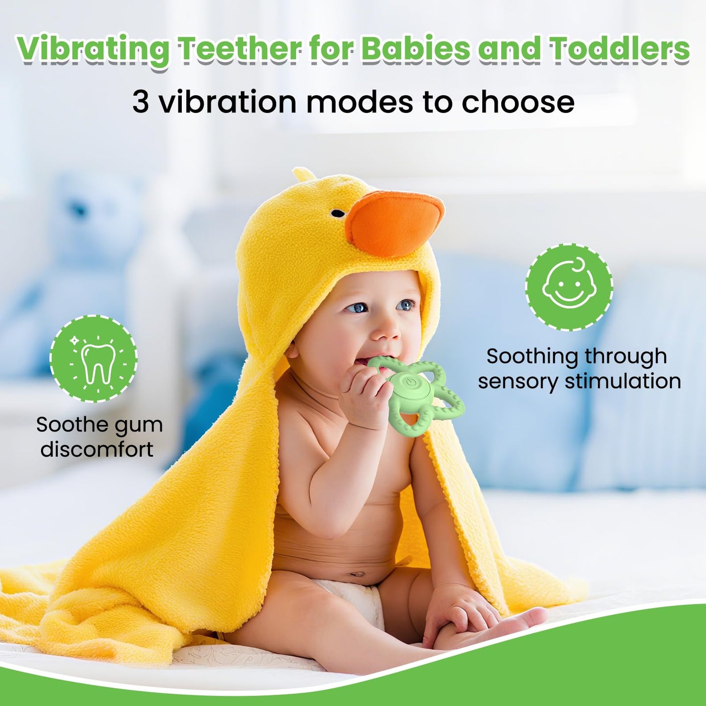 Vibrating Teether for Baby - Dual Use Vibrating Soother for 3-6 Months/6-18 Months & Sensory Toys for Kids with Autisms, Baby Teething Toys with 3 Vibration Modes (Green)
