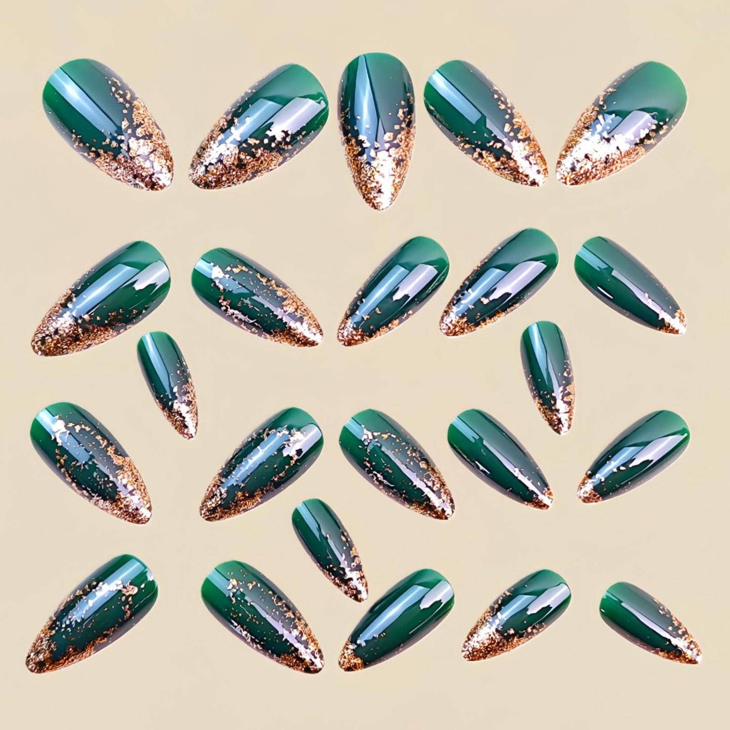 RUOKEXIN Almond Press on Nails Medium Fake Nails Gold Glitter False Nails with Designs Green Full Cover Nail Press ons Sparkly Artificial Nails for Women 24Pcs
