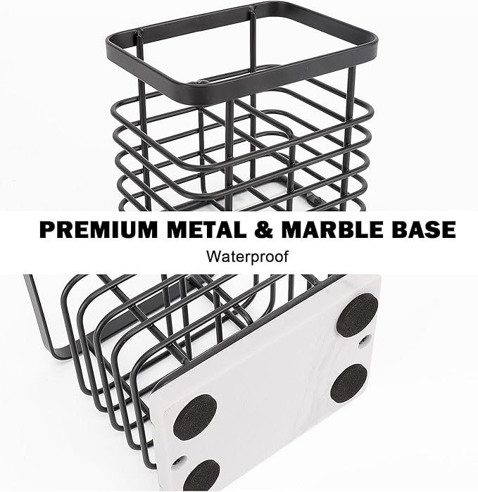 HarJue Toothbrush Holder, Luxurious Metal Toothbrush Toothpaste Holder with Marble Base for Bathroom, Multi-Slots Openwork Design, Bathroom Accessory for Storage and Organizer (Small, Matte Black)