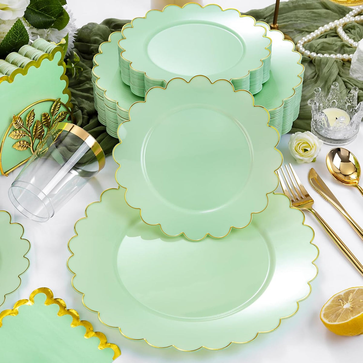 LIYH 210 Pcs Sage Green Plastic Disposable Scalloped Party Plates - Green Plates and Napkins Include Baby Shower Plate Gold Plastic Silverware for Weddings Birthday 30 Guests