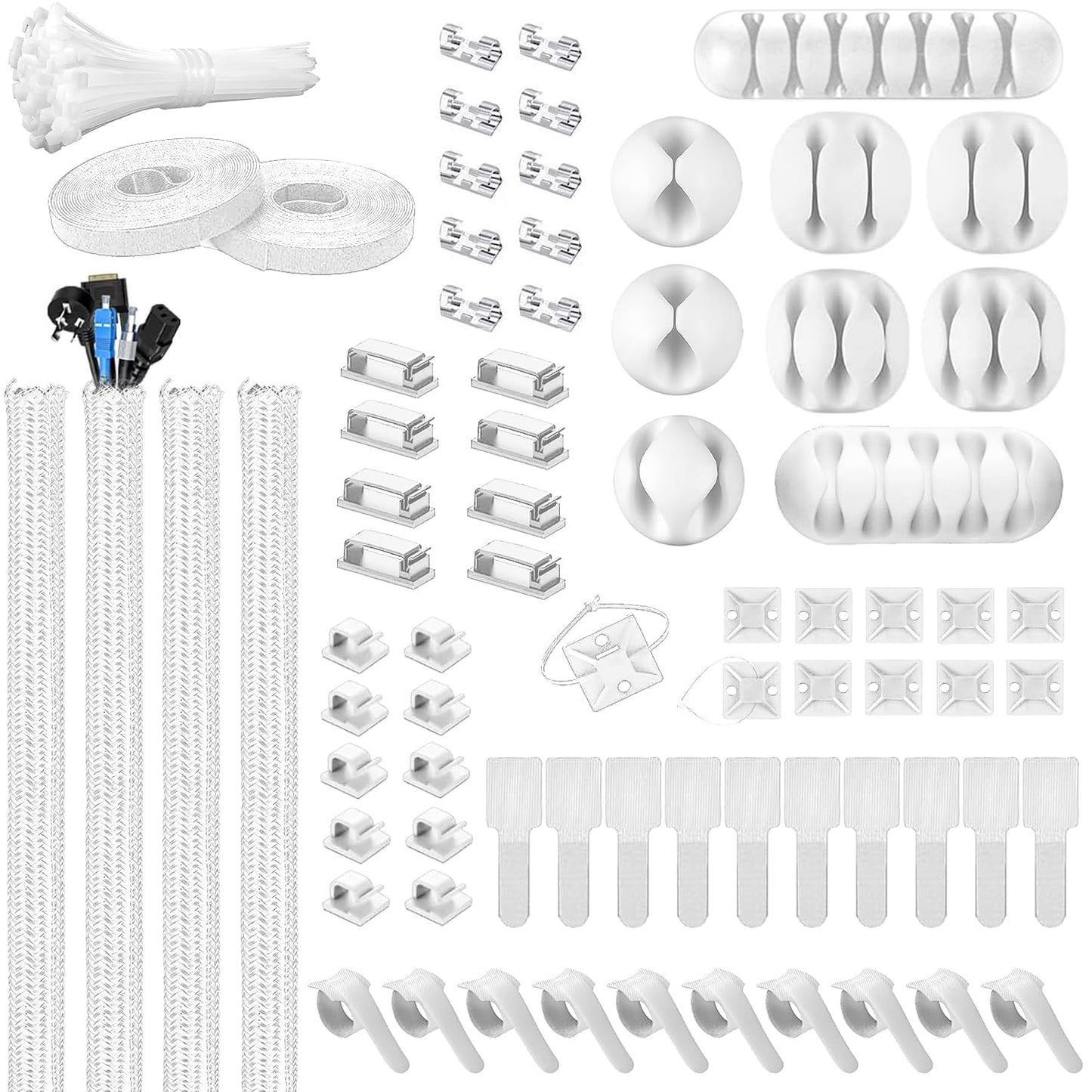 Ditar Cable Management Kit - 4 Cable Sleeve, 28 Self Adhesive Cable Clips, 29 Cord Holders, 10+2 Roll Cable Organizer Straps and 100 Fastening Cable Ties for TV Computer Under Desk (White)