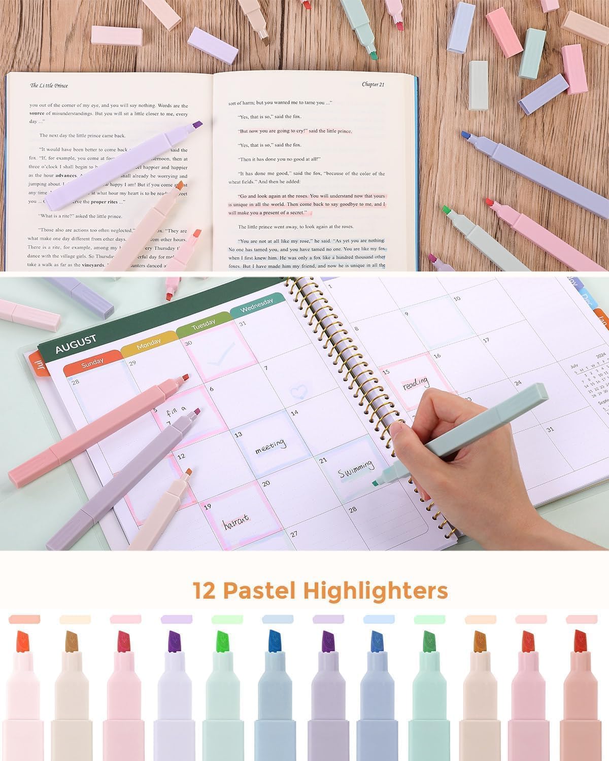 SKYDUE Cute School Supplies 38 PCS, Pencil Case with 12 Pastel Highlighters, 5 Black Gel Pens, Mechanical Pencils, College Essentials Students Stationary Set Dark Blue