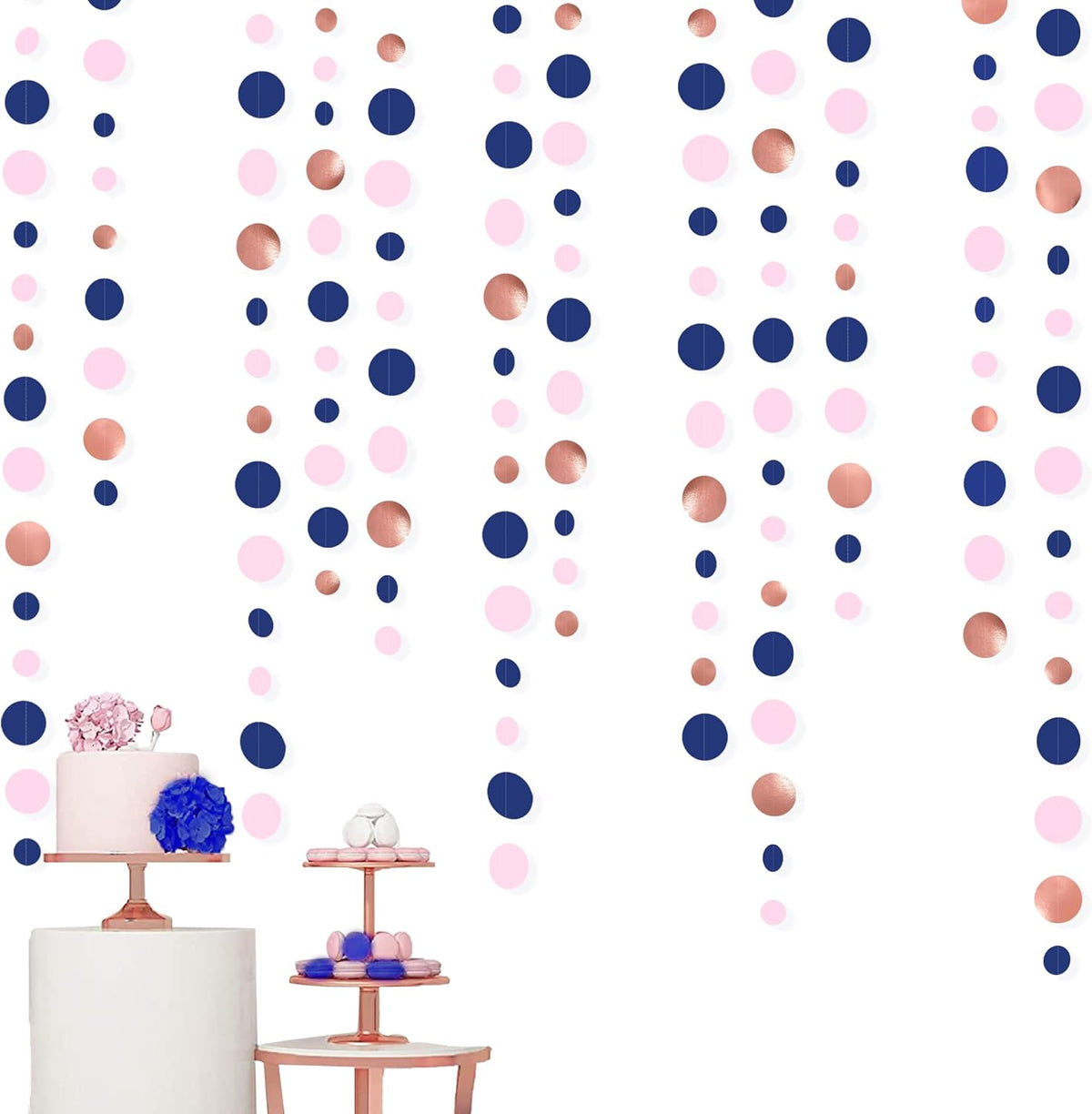 46Ft Navy Blue Blush Circle Dot Garland Royal Blue Pink Rose Gold Hanging Paper Polka Dot Streamer for Gender Reveal Baby Shower Birthday Engagement Wedding Bridal Shower Anniversary Party Decorations