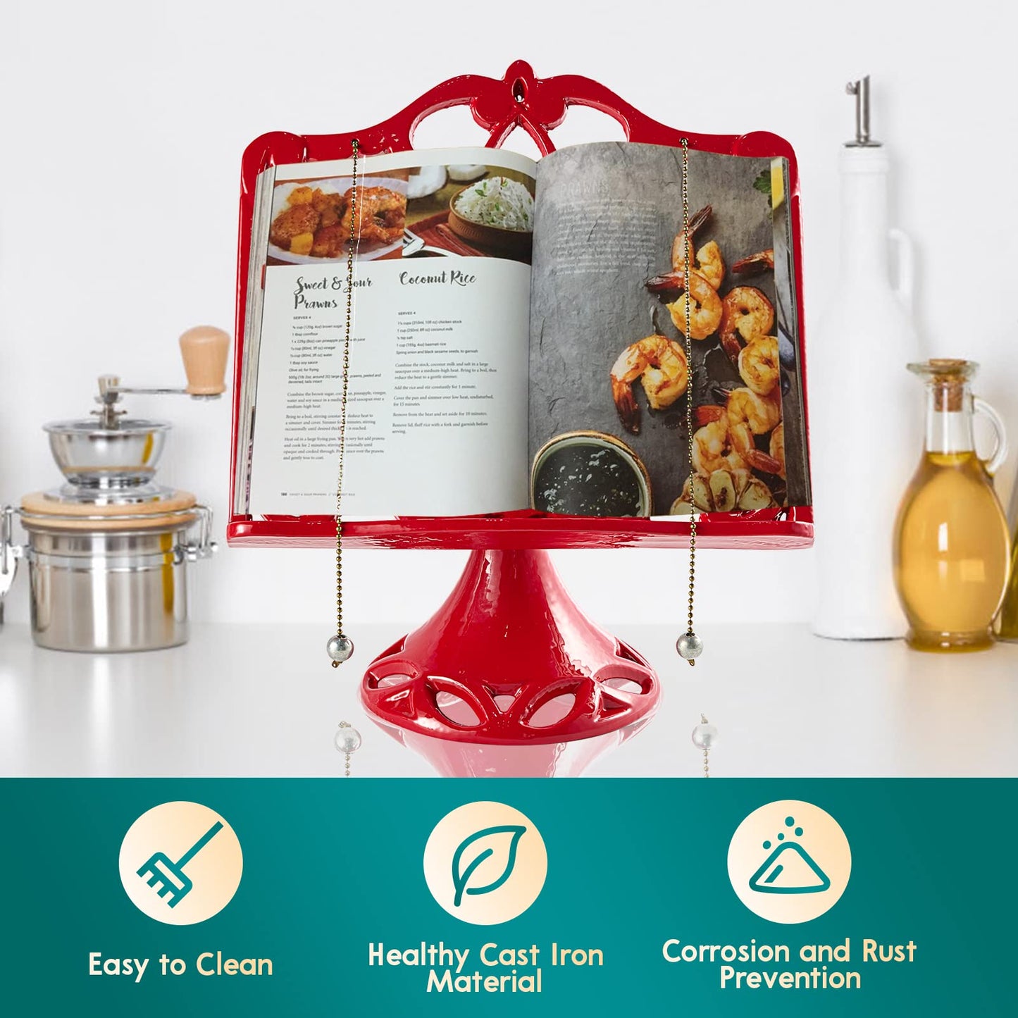 JOGREFUL Adjustable Cookbook Stand, Cast Iron Heavy-Duty Recipe Book Holder, Kitchen Vintage Recipe Book Holder, Reading Rest Holder for Easel/Counter/Books/Magazine/iPad/Bible, Classic Red