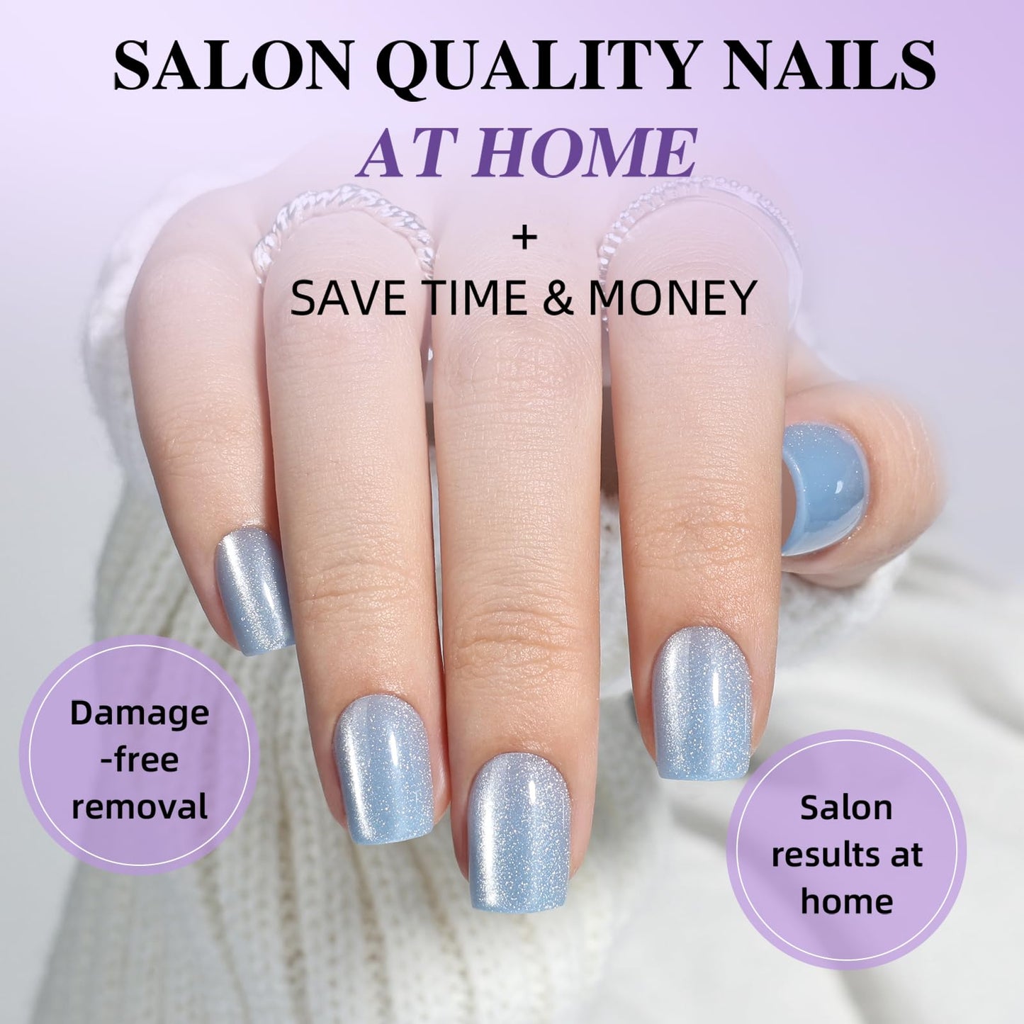 Blue Cat Eye Press on Nails - Short Square Blue Nails Press ons for Women, Reusable Glossy Fake Nails Kit with Glue, 30 Pieces in 15 Sizes