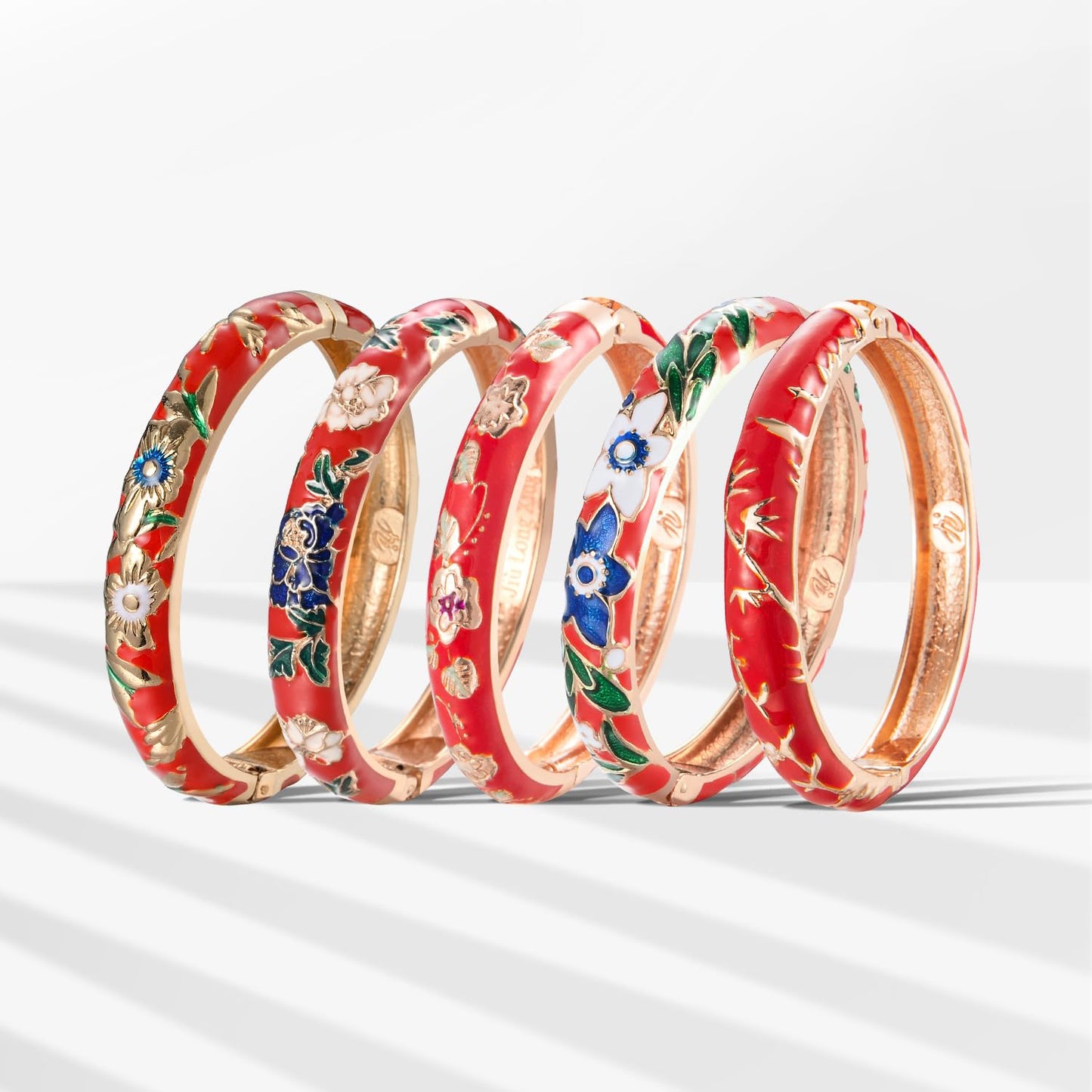 UJOY Bangles 5 Pcs Enamel Jewelry Set Rose Gold Flower Engraved Cloisonne Bracelets Pack in a Box 5PCS-RD-1