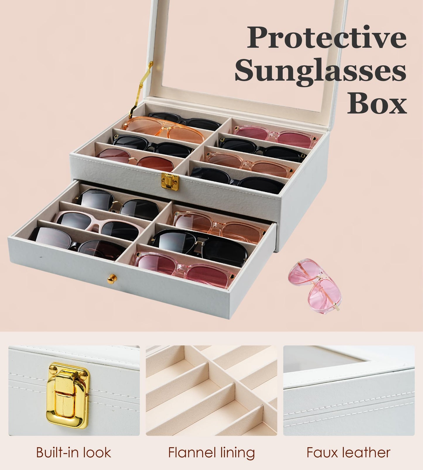 NEWLOOP Sunglasses Organizer Display Case - Sunglass Organizer for Women Men See-through Display Case Multiple Pairs Glasses Holder Stand 2-layer Eyeglass Collection Box with 16 Slots White