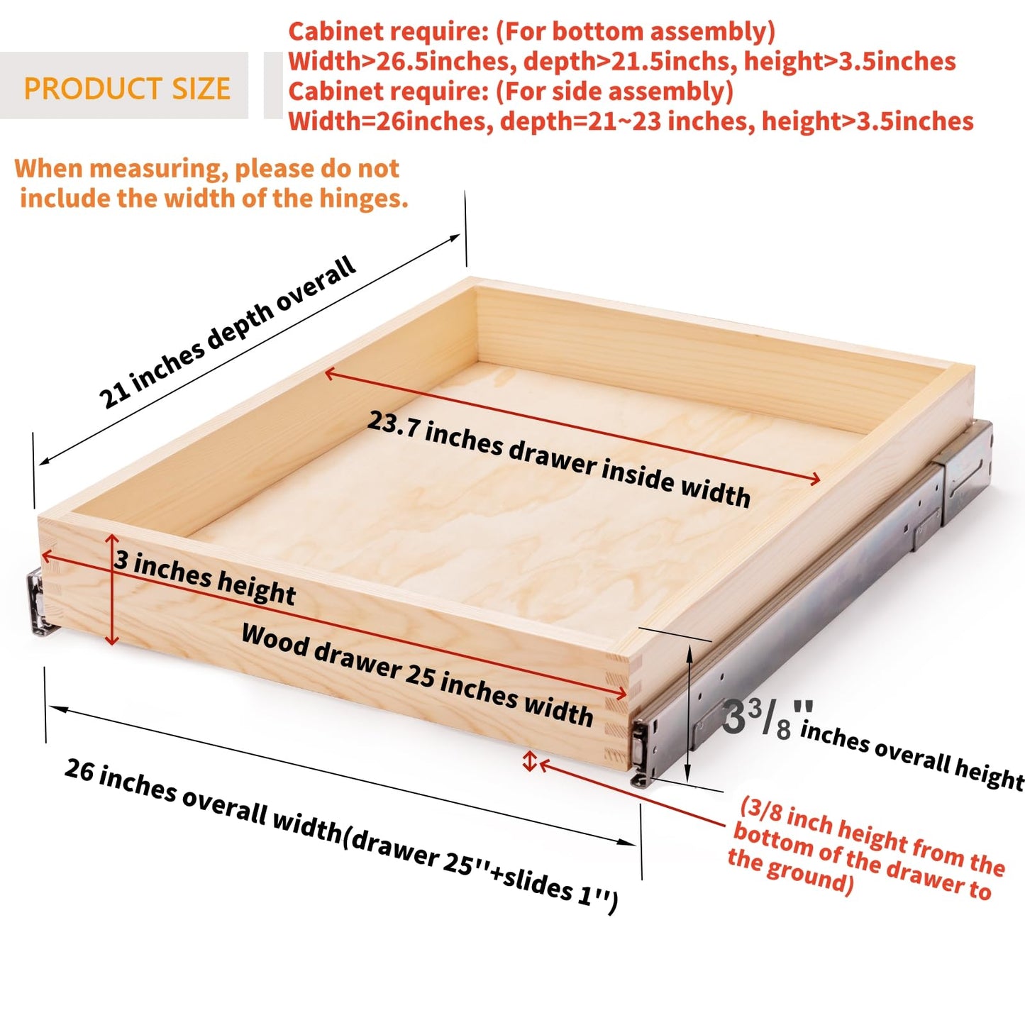 Mulush 26''W x 21''D x 3''H Pull Out Cabinet Drawer Soft Close Slide Out Wood Organizer for Kitchen, Finished, Bottom and Side Assembly (Wood Drawer Part Width is 25inch)