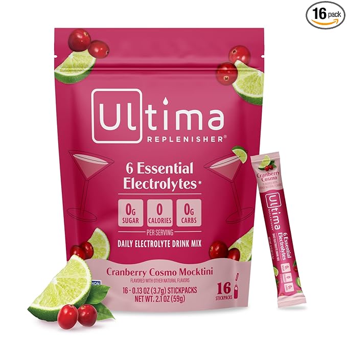 Ultima Replenisher Daily Electrolyte Powder Drink Mix - Sugar Free - Cranberry Cosmo, 16 Stickpacks - Hydration Packets with 6 Key Electrolytes and Trace Minerals – Keto Friendly, Non-GMO