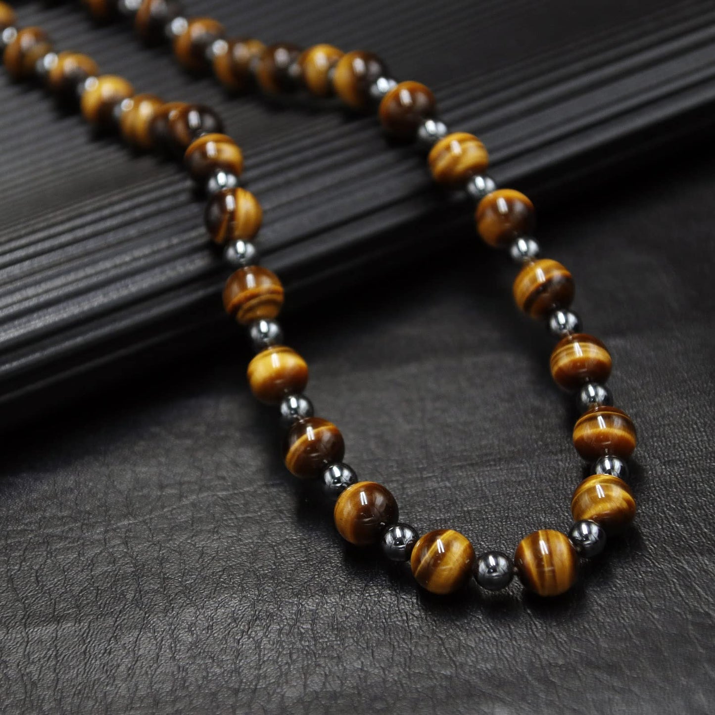 GENASTO Healing Crystal Black Obsidian Tiger Eye and Hematite Beads Necklace Triple Protection Necklace for Men Women