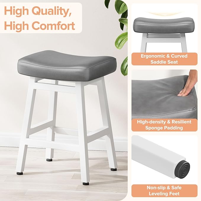 Counter Height Bar Stools Set of 2, 24 Inch Barstools for Kitchen Counter, Kitchen Stools with Bonded Leather Saddle Seats & Heavy Duty Metal Legs, Easy Assembly, Gray/White