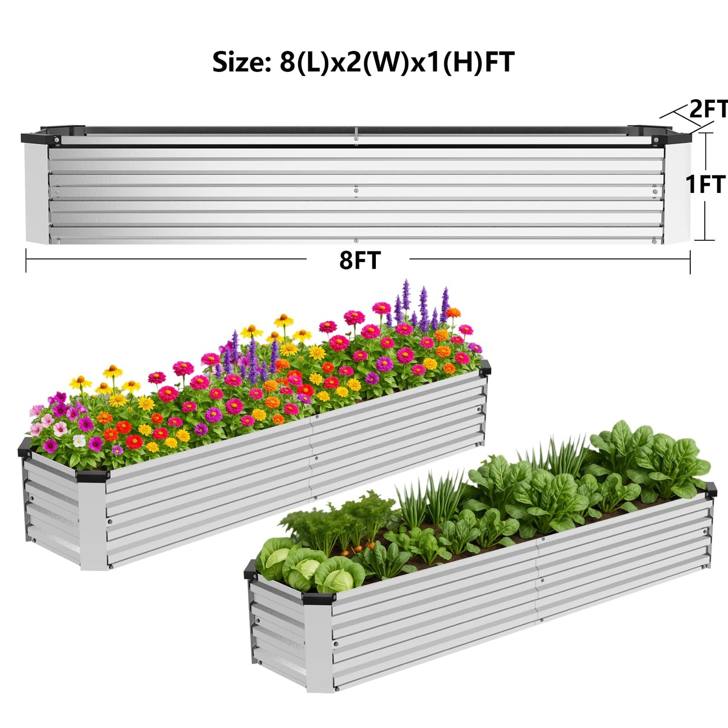 Bujijun 2 Pack 8x2x1FT Galvanized Metal Raised Garden Bed Kit for Vegetables, Herbs, Open-Bottom Large Capacity Outdoor Planter Box Gardening Stakes, Silver