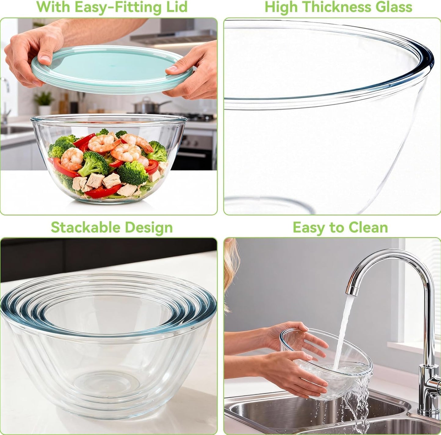 YUANYE 4 Pack Glass Mixing Bowls with Lids Set (3/1.7/0.9/0.6QT),Thick Glass Large Salad Bowl Set, Nesting Kitchen Bowls for Serving, Prepping, Cooking and Baking, Dishwasher, Oven,Microwave Safe