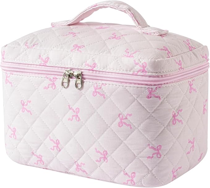 3Pcs Aesthetic Cotton Quilted Drawstring Makeup Bag Set, Aesthetic Cute Bow Makeup Pouch for Girls and Women, Aesthetic Travel Organized Cosmetic Bags for Purse(03Small Pink Bow)