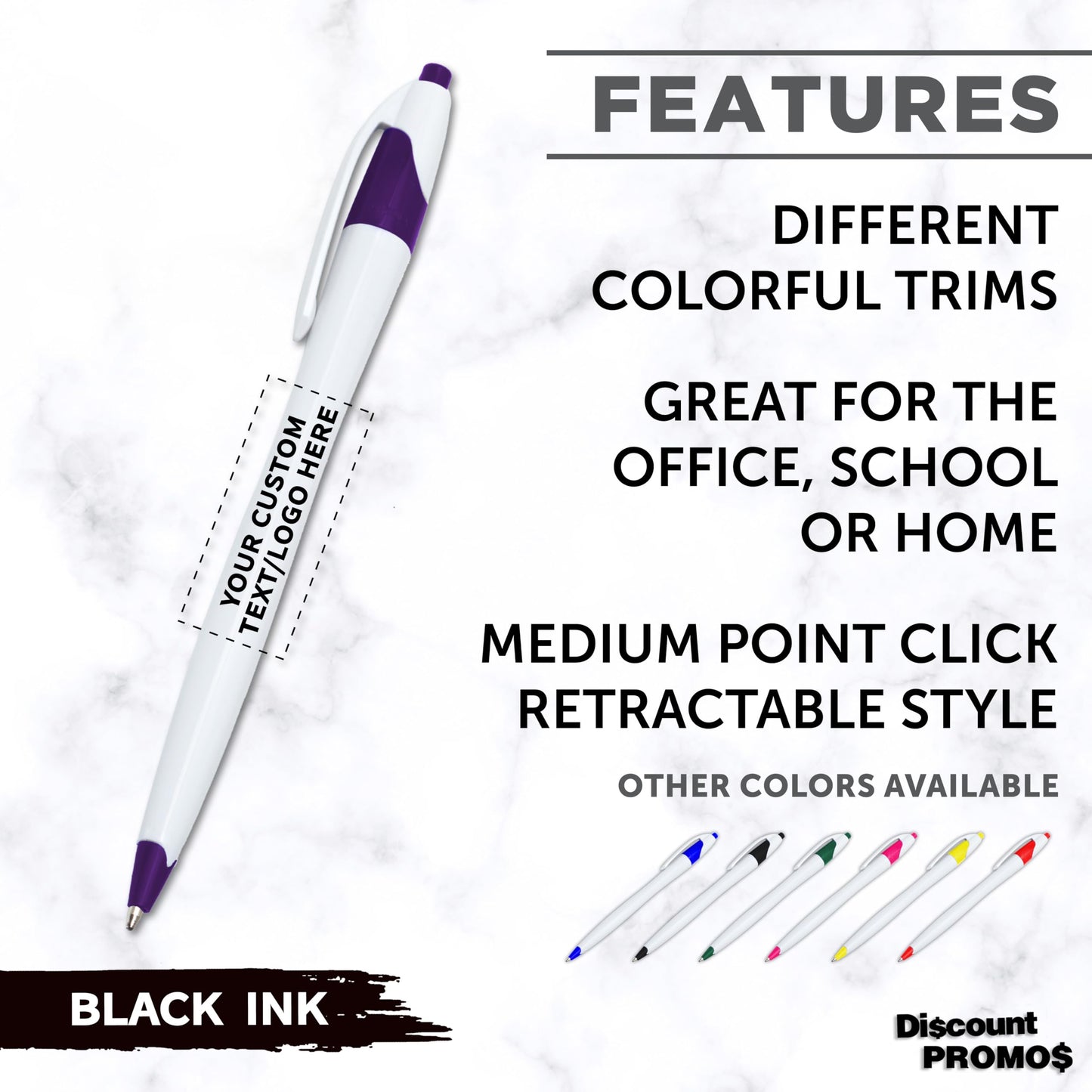 Personalized Ballpoint Pens Set of 10/50/100 by DISCOUNT PROMOS- Black Ink, Slim & Curvy Design, Retractable, Ideal for Office, Corporate Merchandise, Tradeshows- Purple