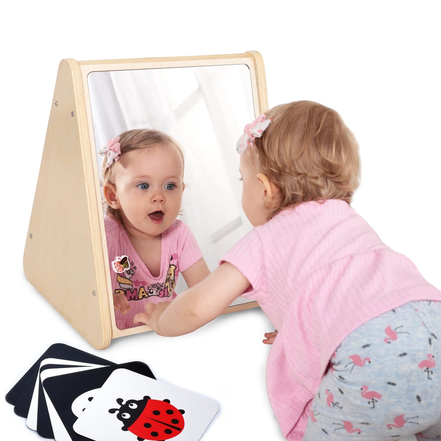 KRAND Baby Double-Sided Tummy Time Mirror w/ 2 Package High Contrast Visual Stimulation Cards, Sensory Activity Montessori Toys for 6 Months+ Boys Girls