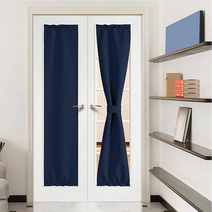 NICETOWN French Door Curtains for Windows, Privacy Thermal Insualted Curtains Rod Pocket for Front Sidelight Door, Living Room, Kitchen, 1 Panel with Tieback, 12 x 72 Inches Long, Navy