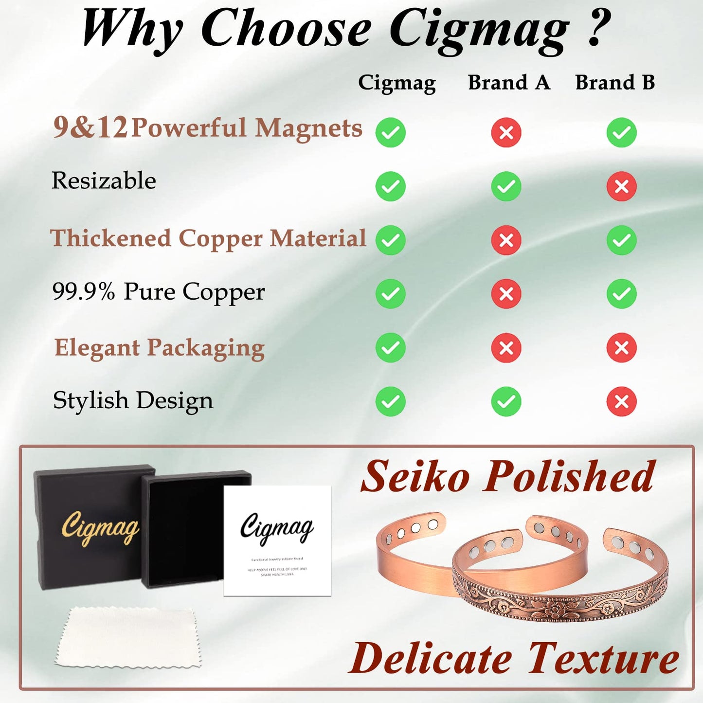 Cigmag 2PCS Copper Bracelets for Women Pure Copper Bracelet Cuff Bangle Strength Magnets Adjustable