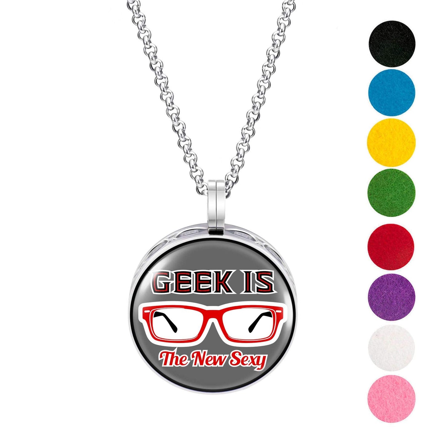 Wild Essentials Geek is The New Sexy! Enamel Finish Essential Oil Diffuser Necklace Gift Set - includes Aromatherapy Pendant, 24" Stainless Steel Chain, 8 Color Refill Pads