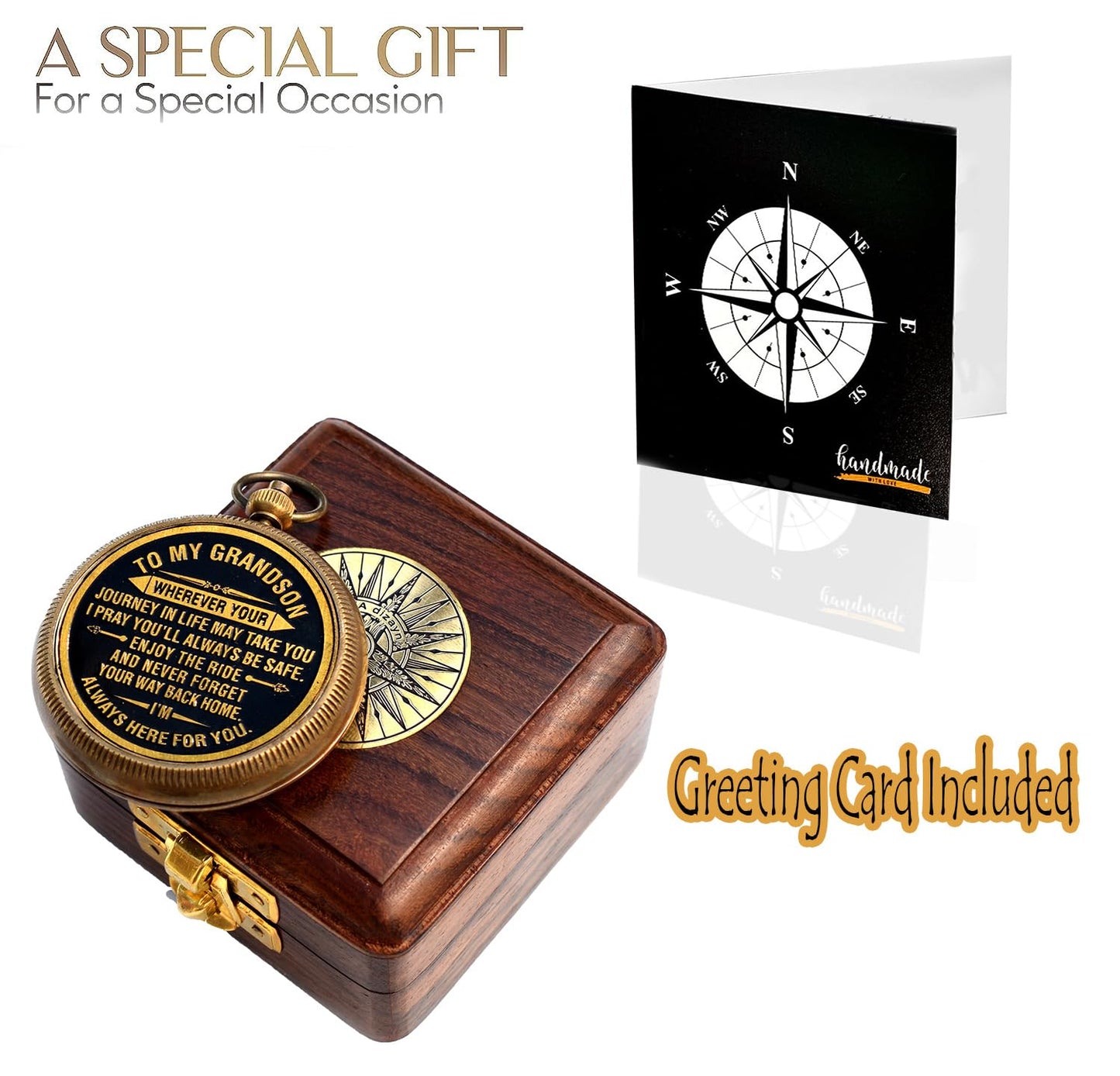 Gift for Grandson Brass Compass with Box Engraved Quote | Memory Present to My Grandson Birthday, Baptism, Graduation, Confirmation, Love, Gift idea by Grandpa Grandma, Greeting Card