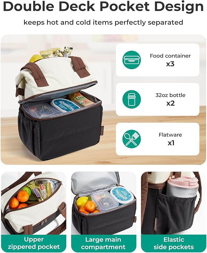 BAGSMART Double Deck Lunch Bag Women, Insulated Reusable Lunch Box, Quilted Puffer Lunch Tote with Shoulder Strap, Durable Large Lunch Cooler For Work Picnic Travel Meal Prep Flight, Black