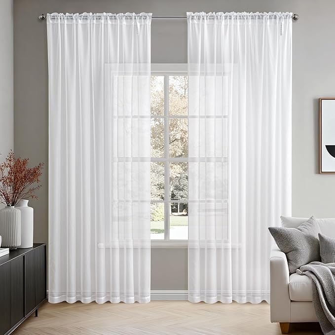 MIULEE 2 Panels Solid Color White Sheer Window Curtains Elegant Window Voile Panels/Draperies/Treatment for Bedroom Living Room (70 X 108 Inches White)