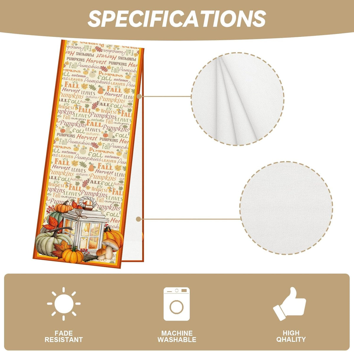 Linen Fall Table Runner 36 Inches Long - Farmhouse Leaves Pumpkin Table Decor for Autumn Thanksgiving Home Kitchen Dining Room Decorations