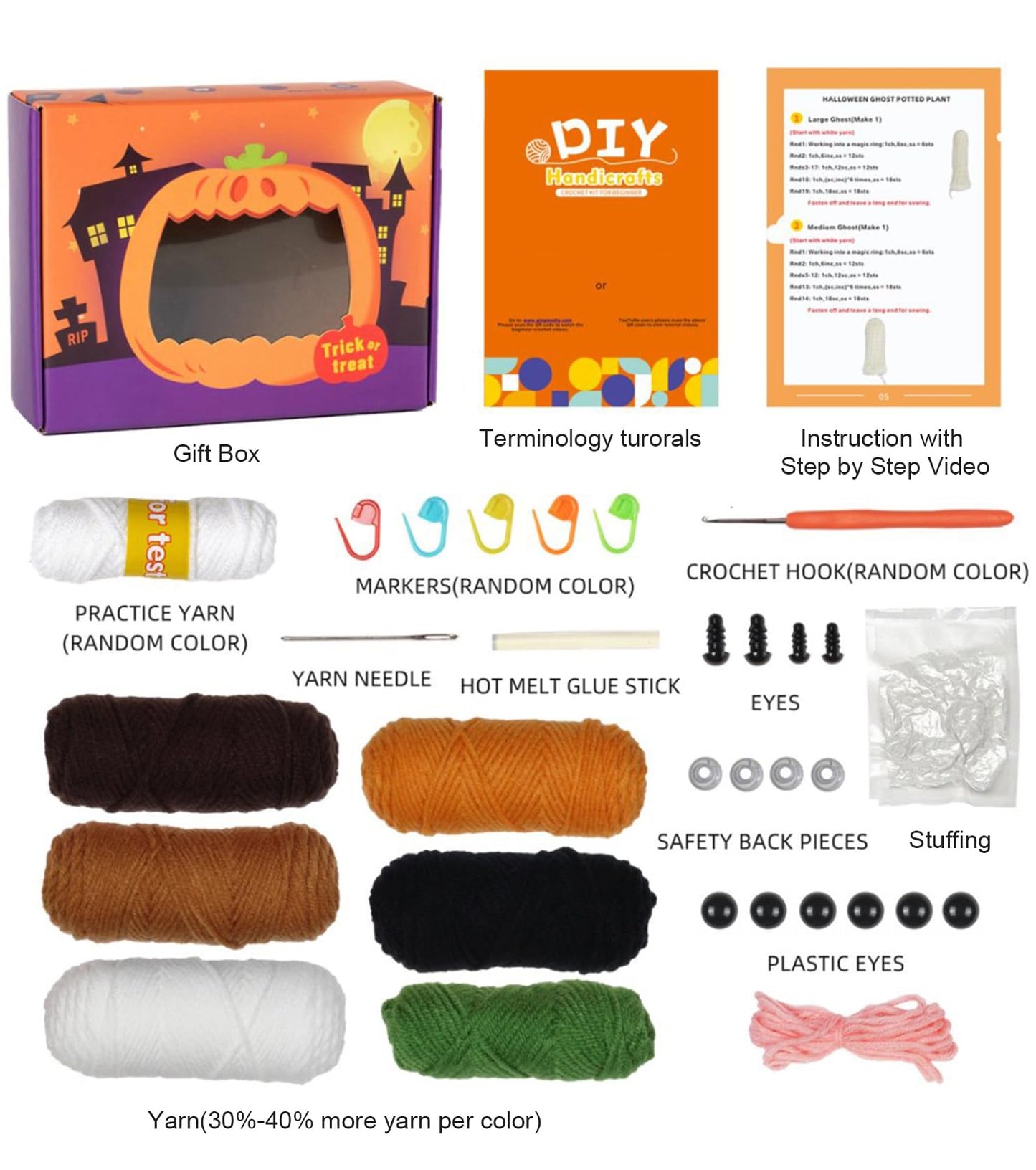 Spearlcable Crochet Starter Kit, Crochet Kit for Beginners with Step-by-Step Video Tutorials, DIY Knitting Kit Halloween Pumpkin Decor for Adults with Gift Box (Halloween Decor Set)