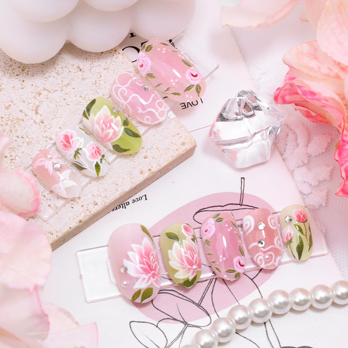 Pink Flower Press on Nails Short Oval Cute Fake Nails with 3D Rhinestone Design Spring Acrylic Nails Butterfly False Nails Summer Glue on Nails Lotus Flower Rose Press ons Artificial Nails Decor 24Pcs