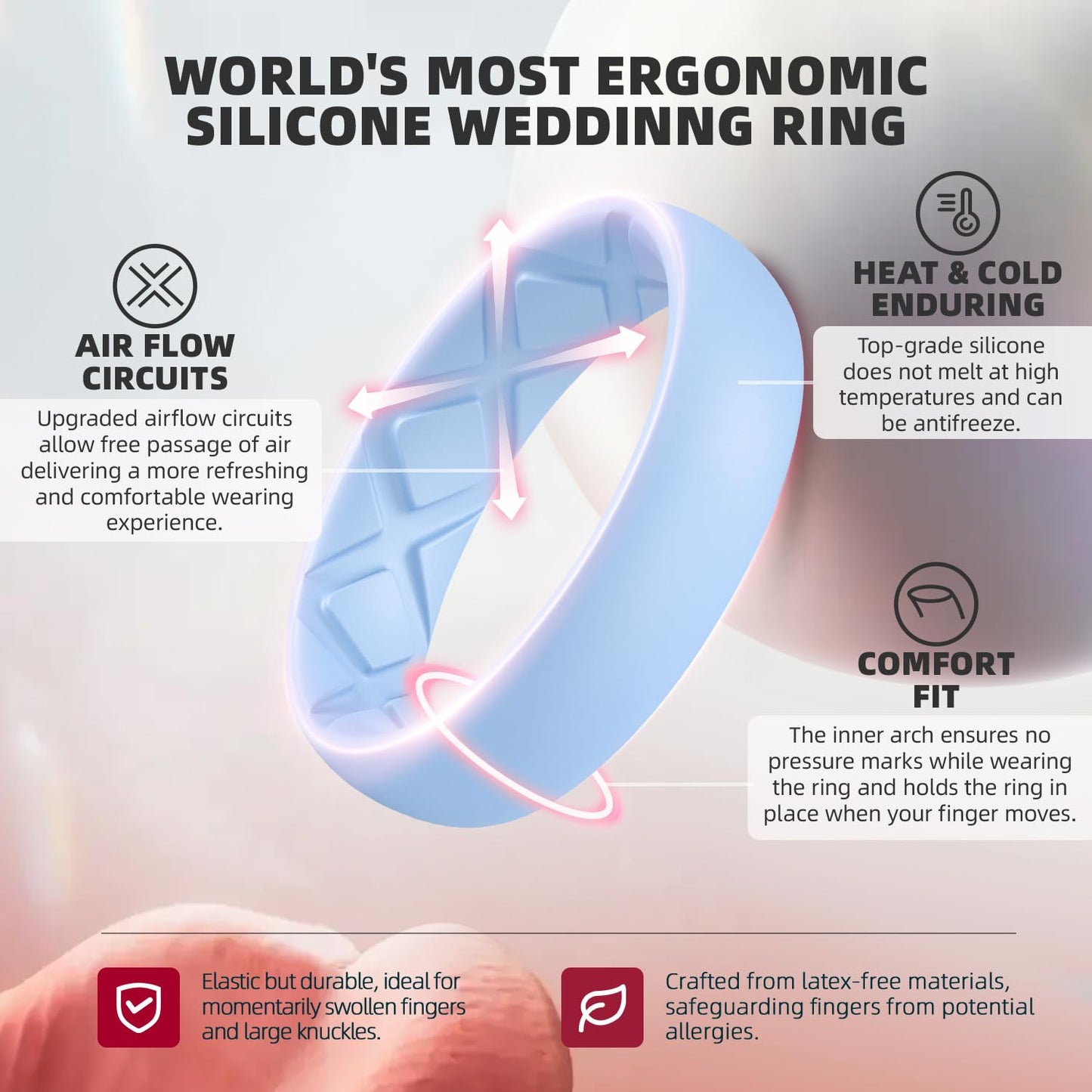 Egnaro Women’s Silicone Engagement Rings, Inner Arc Ergonomic Breathable Design with half sizes, Rubber Wedding Bands，5.5mm Wide-2mm Thick