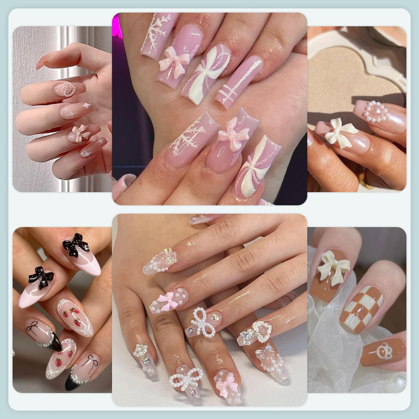 600 Pcs 3D Nail Charms and Flatback Pearls #2, Pink White Black Multi Styles Bowknot Charms + Pink&White Star Heart Nail Jewels + 2-6mm White Nail Pearls for Nail Art Design with Pickup Tools