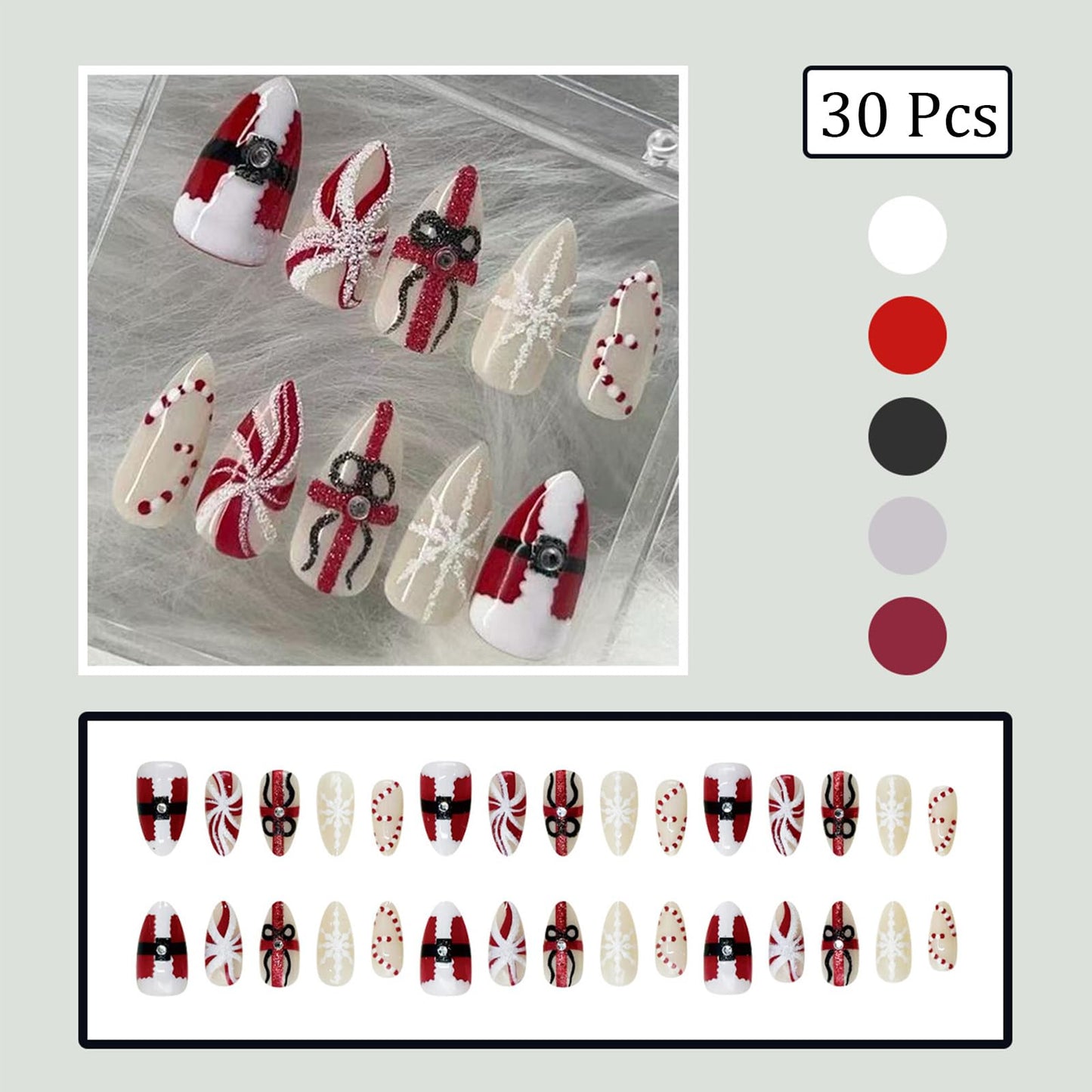 30Pcs Christmas Press on Nails Almond Fake Nails with Santa Claus Gift Designs Snowflake Candy Cane False Nails Red White Stripes Artificial Glue on Nail Holiday Stick on Nail for Women