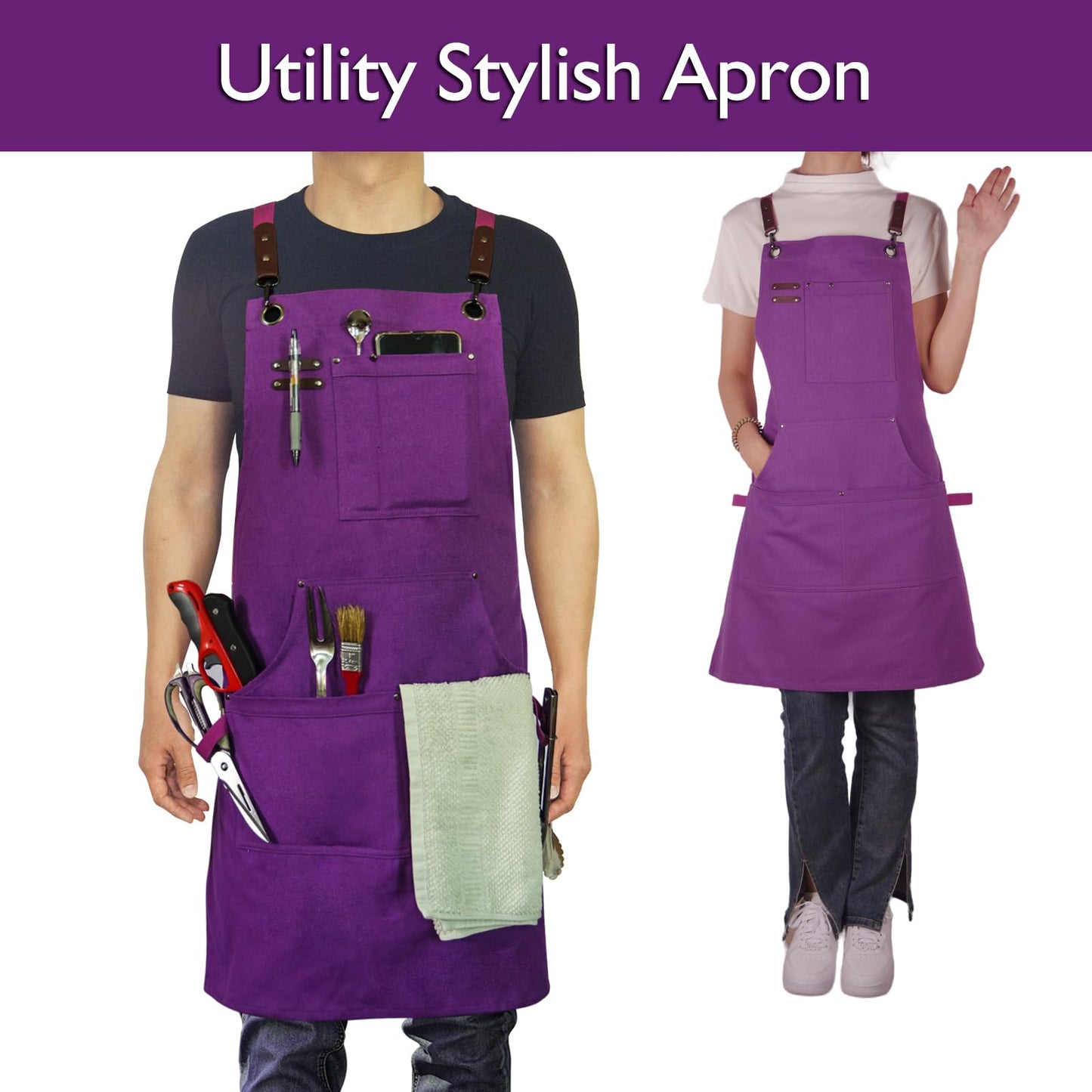 Stenffy Kitchen Apron, Work Apron, Canvas, Multiple Pockets, Gardening, Painting, BBQ, Artist, Carpenter, Sizes M to XXL, Purple