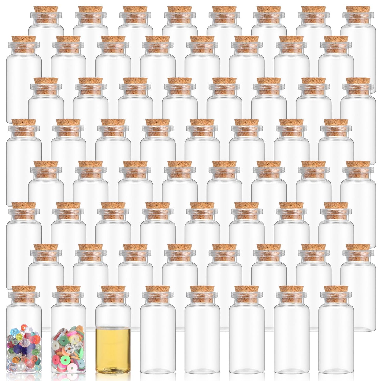 xozeooeu 120 Pack 10ml Mini Plastic Bottles with Cork Stoppers, Small Empty Clear Plastic Jars for DIY Crafts, Wedding Favors, Spice & Sample Containers, Party Decor