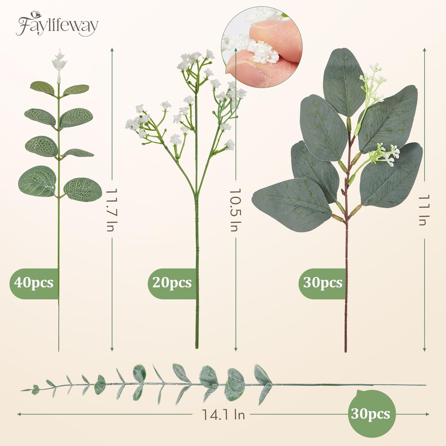 Faylifeway 120 Pcs 4 Kinds Mixed Eucalyptus Greenery Stems, Baby Breath Flowers Artificial Bulk and Greenery Stems for DIY Bouquets Wedding Home Floral Decor